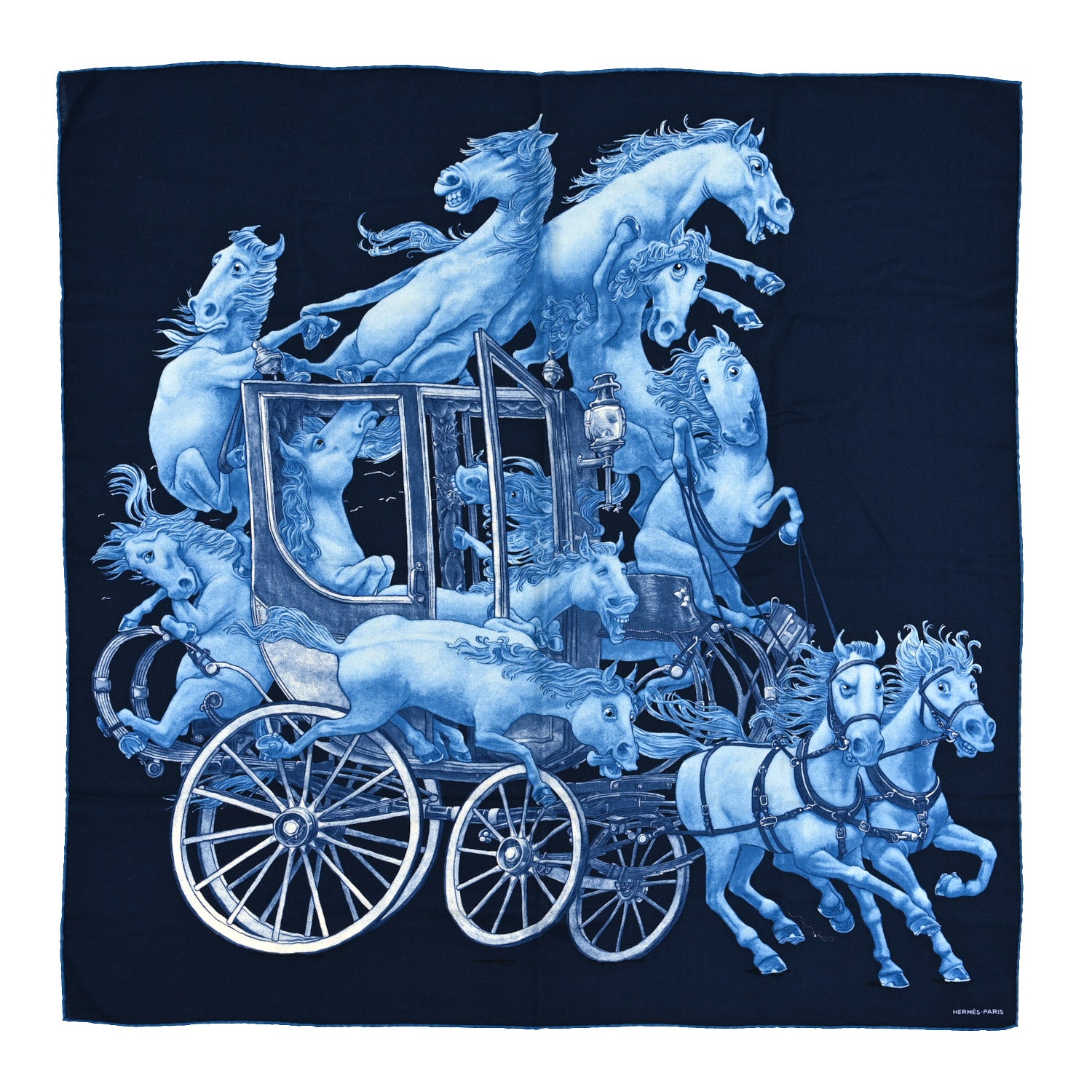 Hermes Cashmere Silk Grand Carrosse Royal Scarf 100 Marine Bleu White 1 of 3