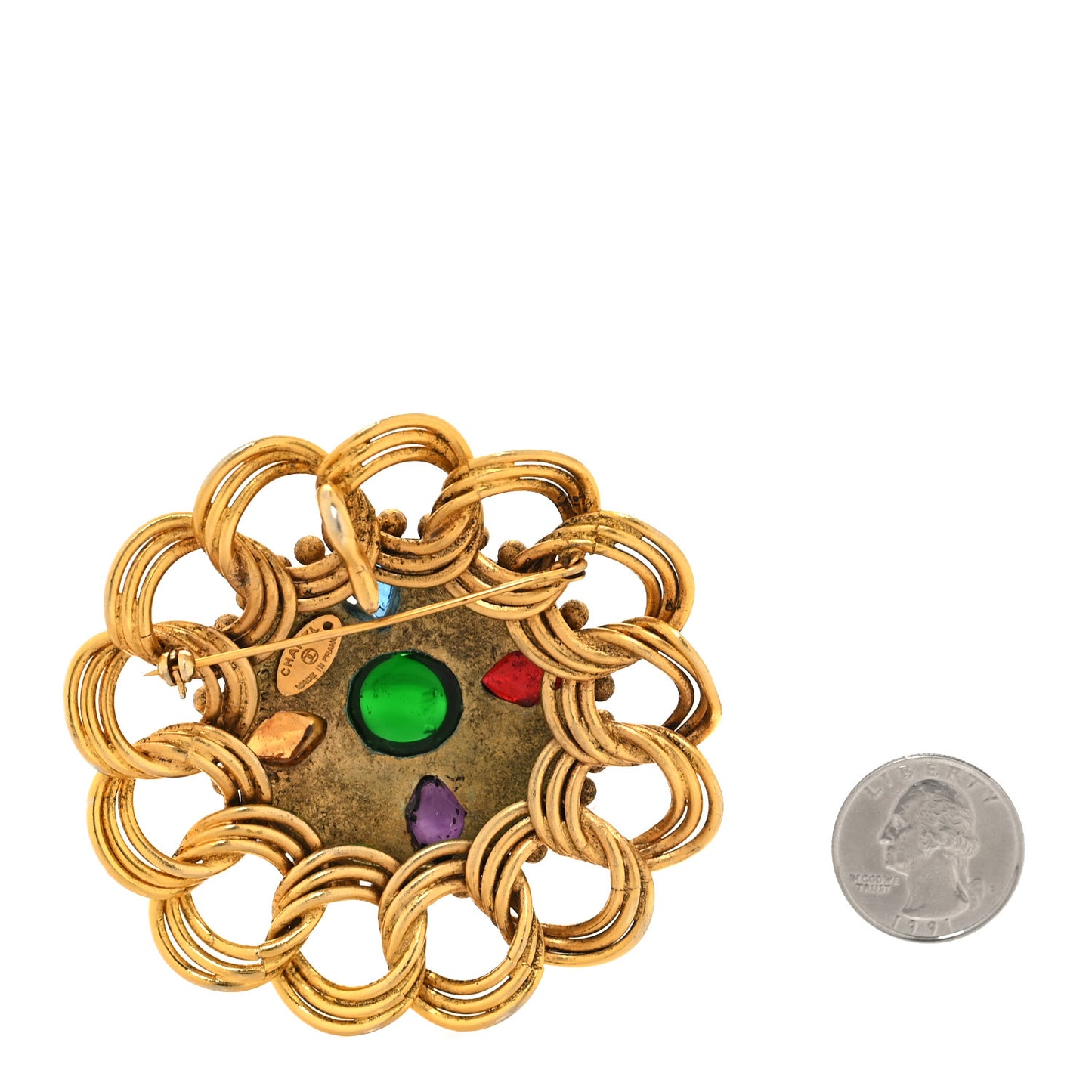 Gripoix Poured Glass Crystal Pearl Brooch Gold Green Multicolor
