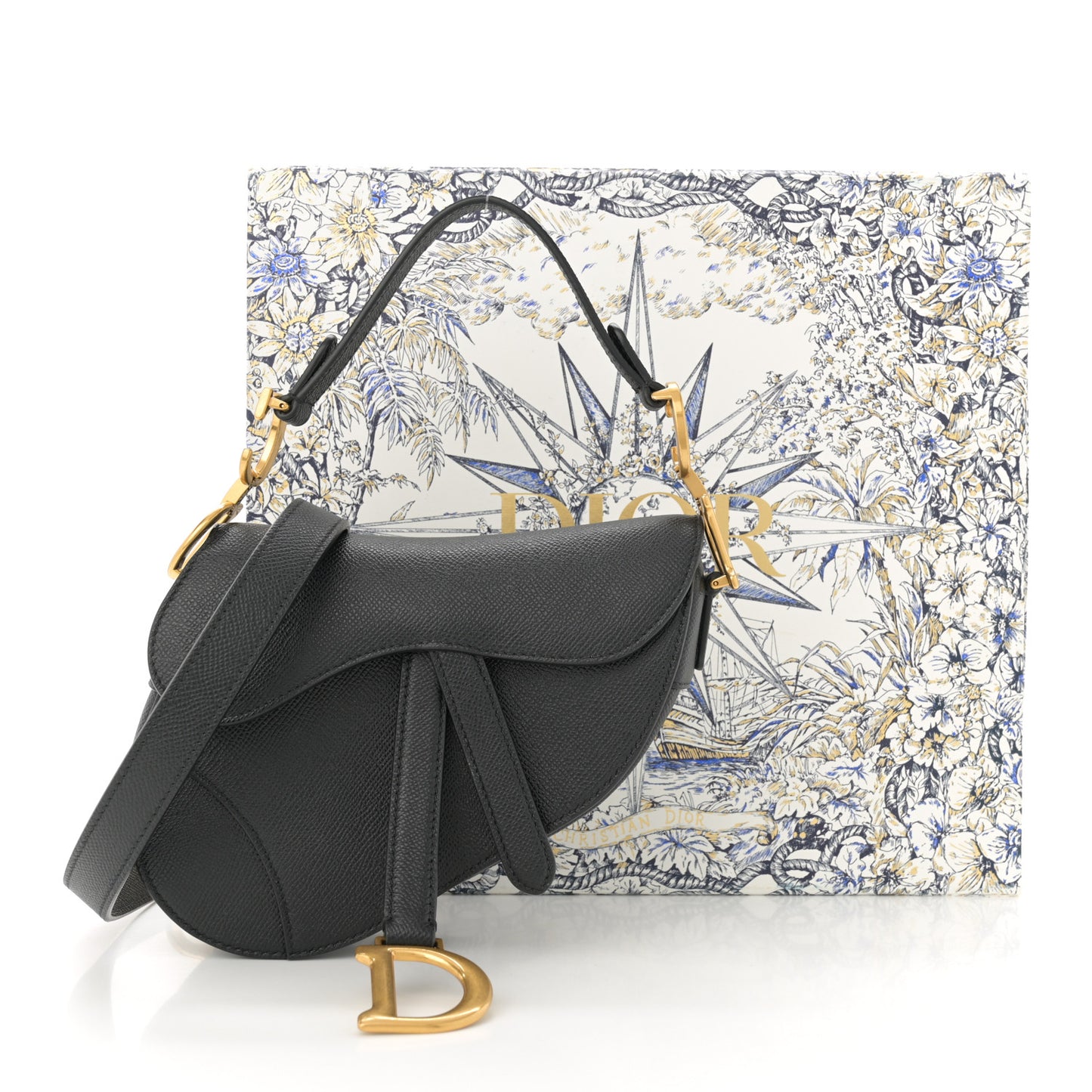 Grained Calfskin Mini Saddle Bag With Strap Black