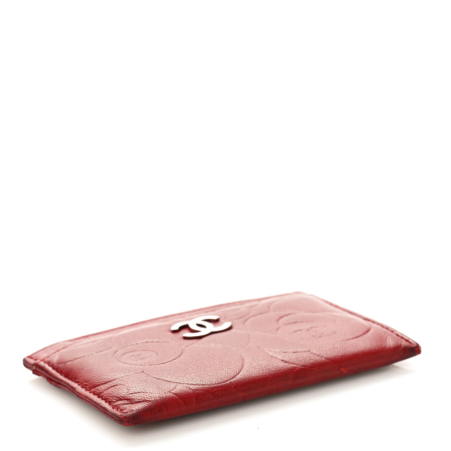 Lambskin Camellia Card Holder Dark Red