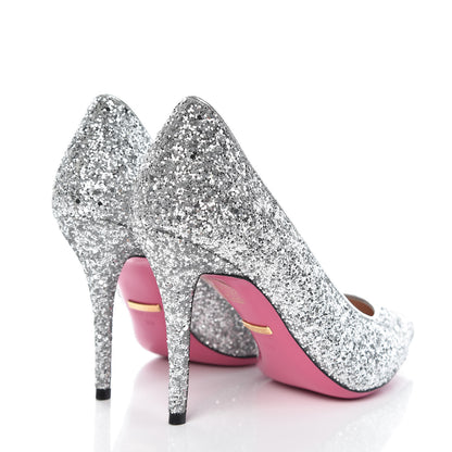 Gucci Nappa Glitter Removable Crystal Heart Pumps 39 Argento 7 of 11