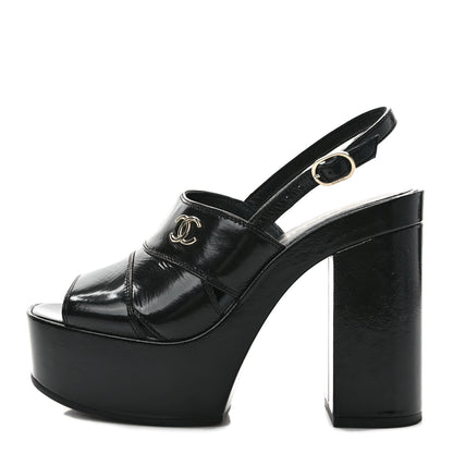 Chanel Crumpled Patent Lambskin Platform Sandals 36 Black 1 of 8