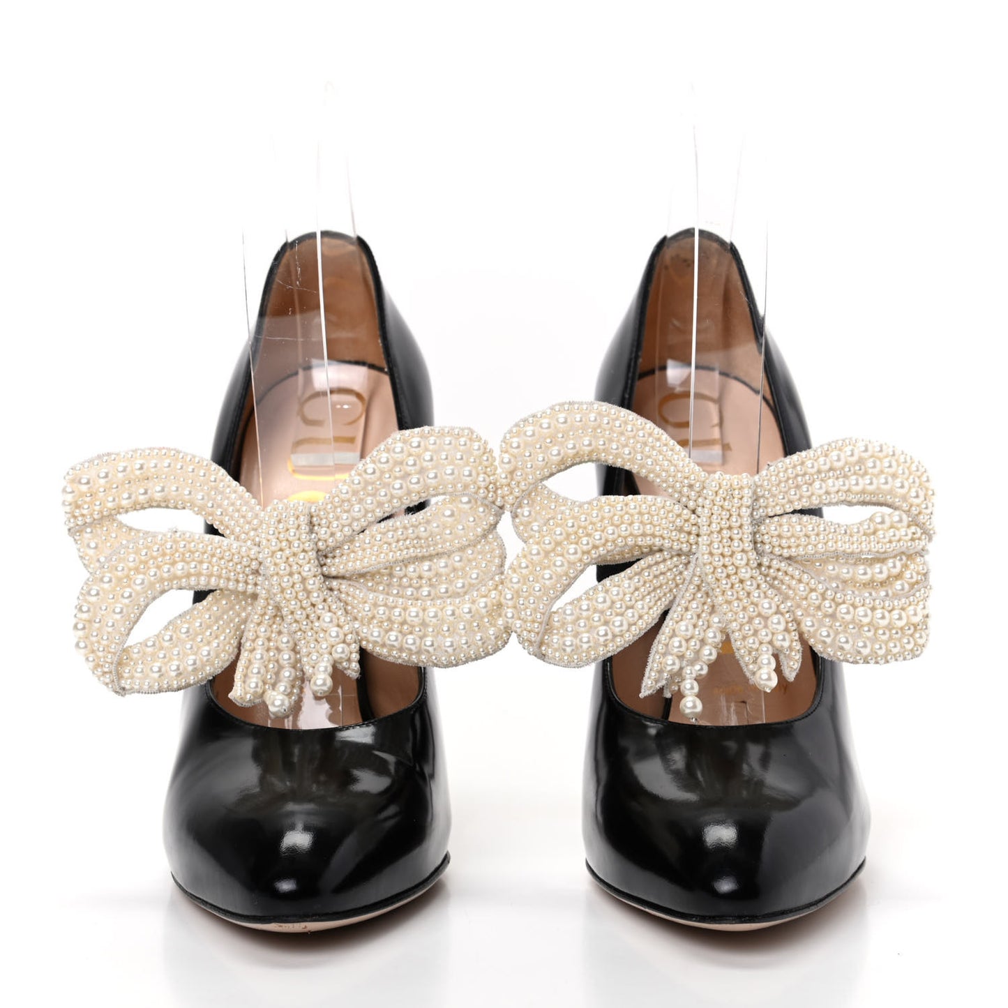 Polished Calfskin Removable Pearly Bow Elaisa Platform High Heel Pumps 37.5 Black