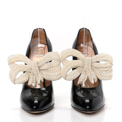 Gucci Polished Calfskin Removable Pearly Bow Elaisa Platform High Heel Pumps 37.5 Black 2 of 9