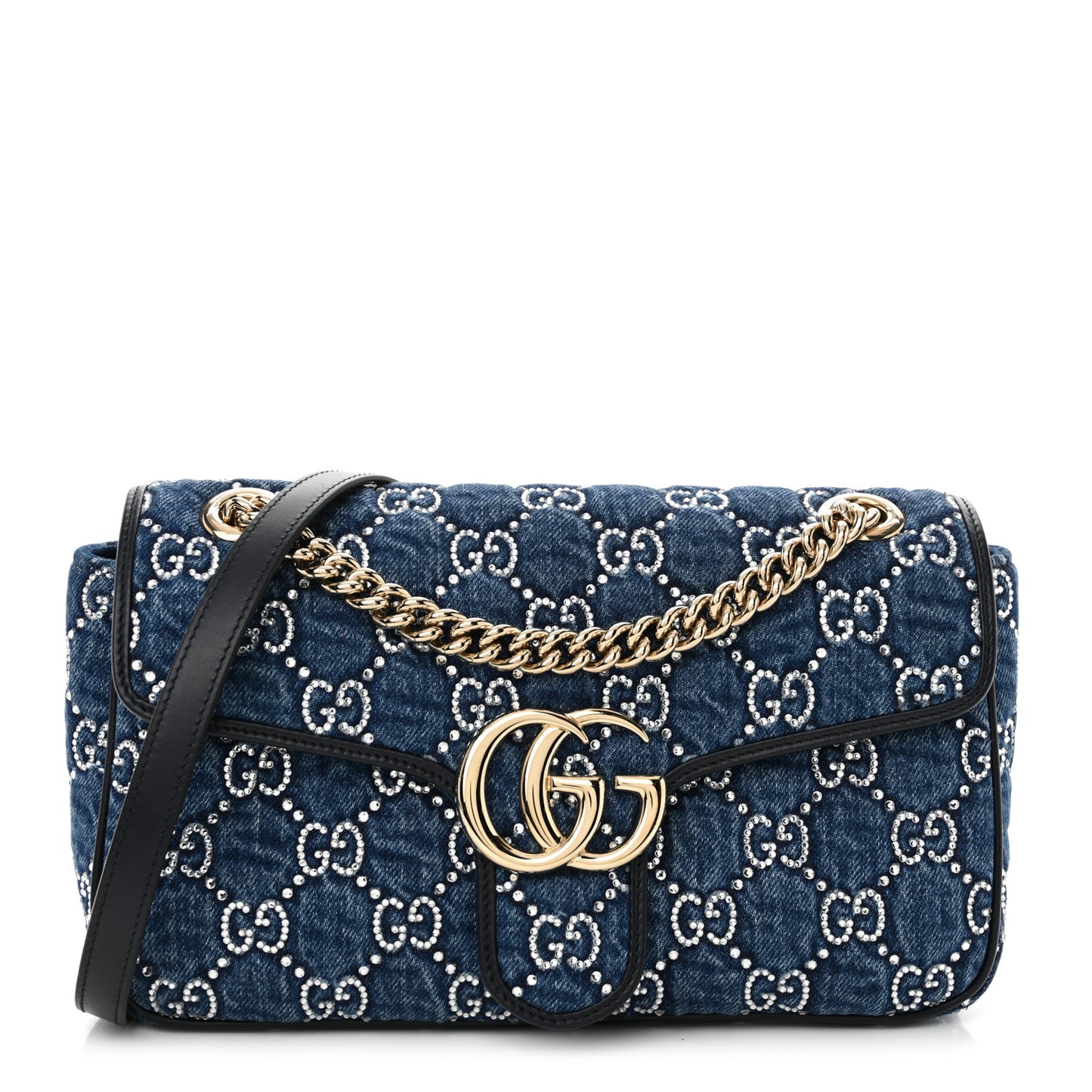 Denim Crystal Applique Small GG Marmont Shoulder Bag Blue