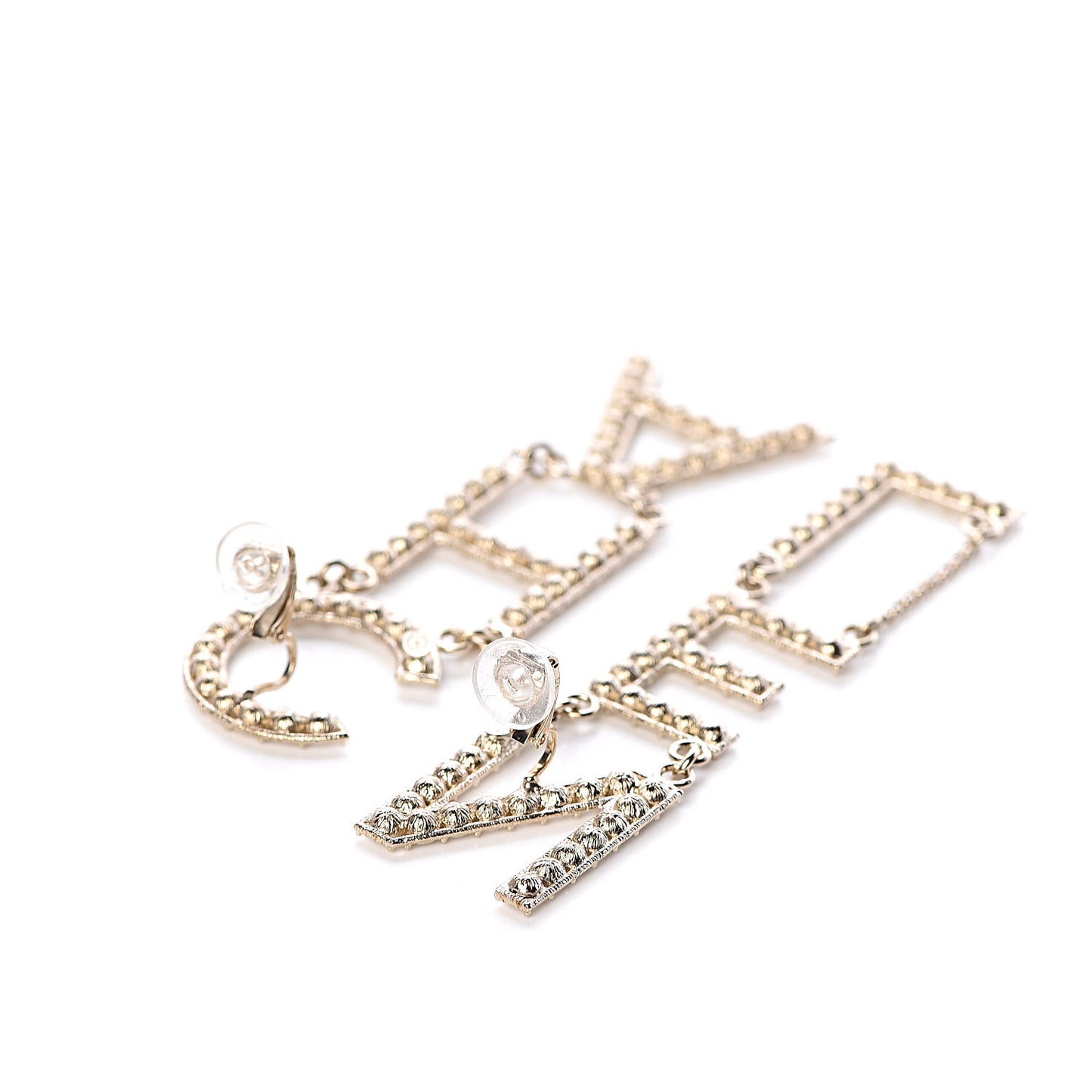 Crystal Cha-Nel Logo Drop Clip On Earrings Gold