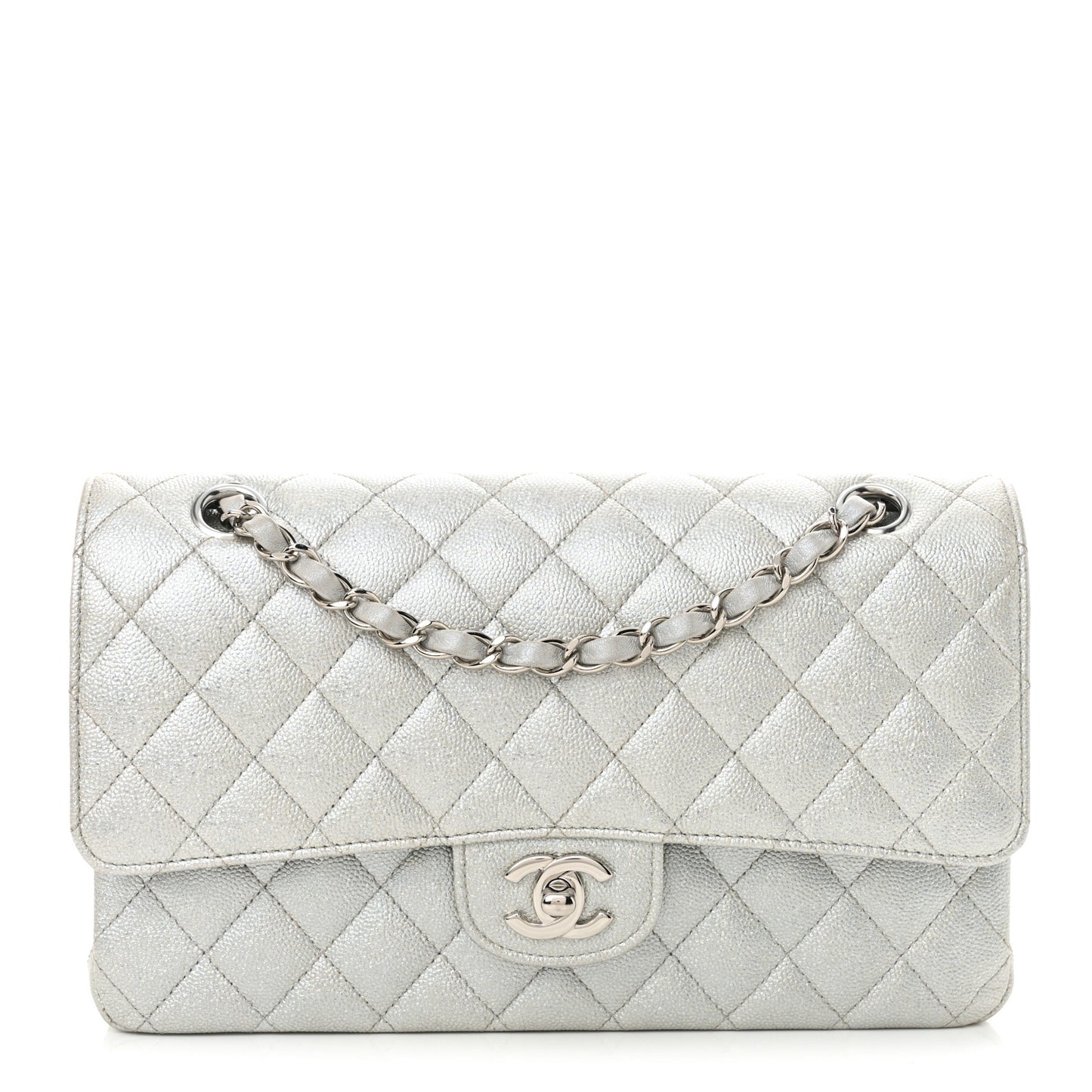 Glittered Metallic Caviar Quilted Medium Double Flap Silver