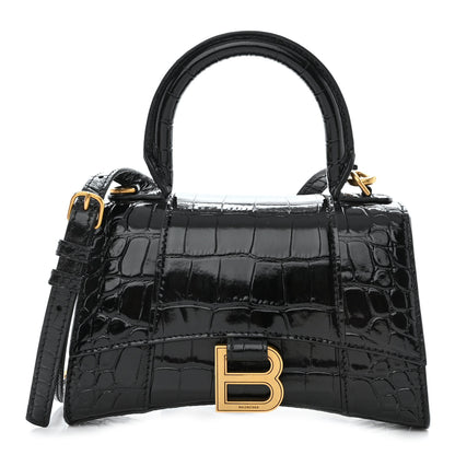 Balenciaga Shiny Calfskin Crocodile Embossed Hourglass Top Handle Bag XS Black 1 of 11