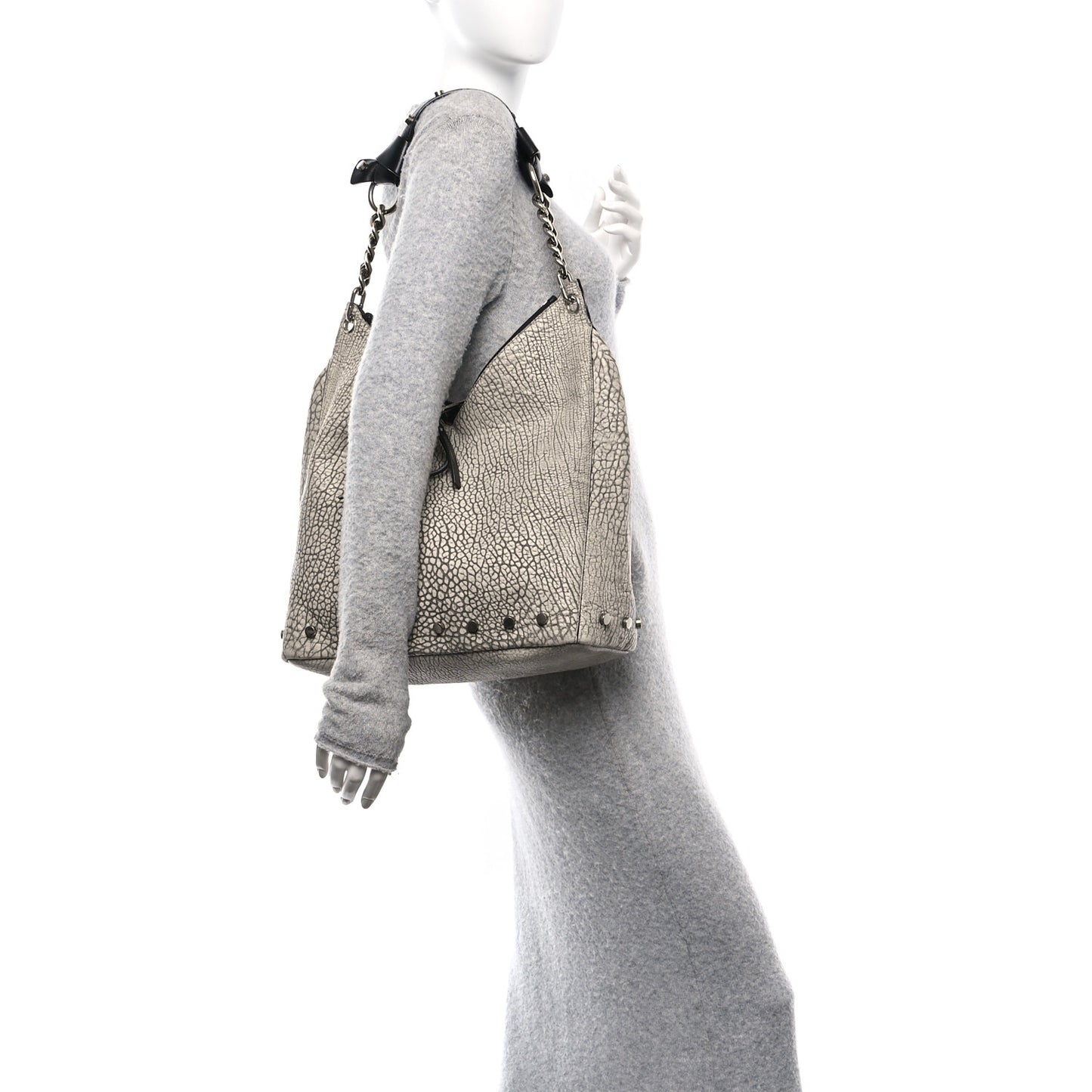 Washed Grainy Lambskin Studded Raven Hobo White Black