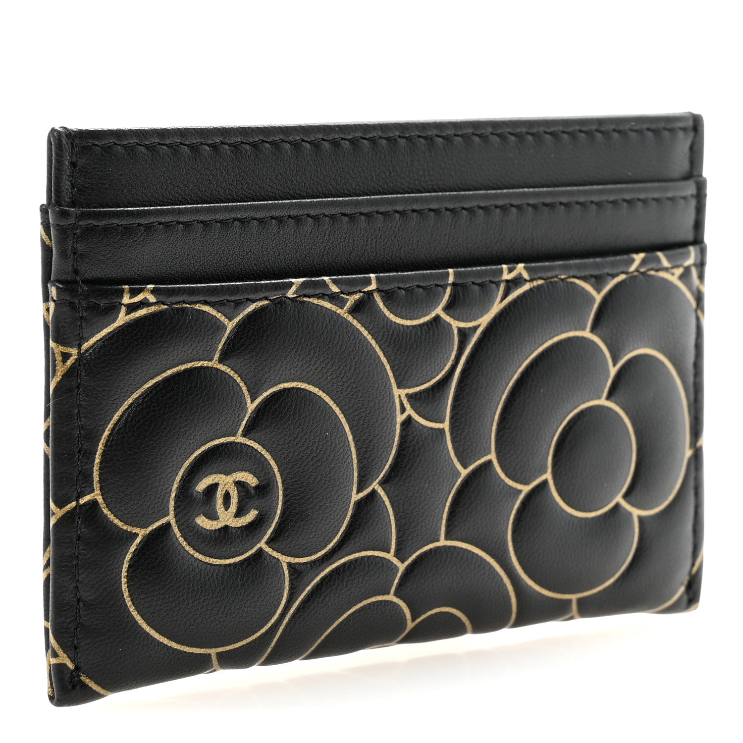 Chanel Lambskin Camellia Embossed Card Holder Black Gold 1802863