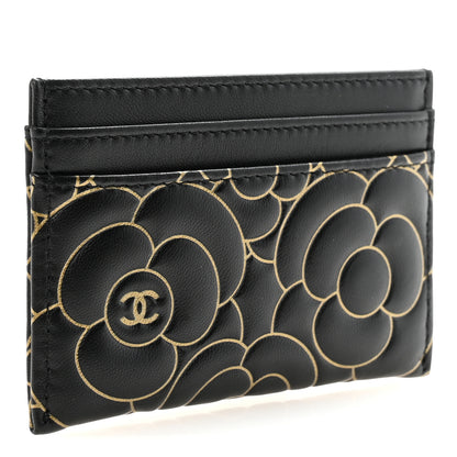 Chanel Lambskin Camellia Embossed Card Holder Black Gold 3 of 9