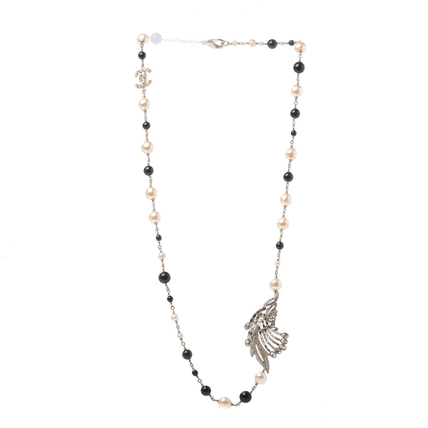 Chanel Pearl Crystal Baguette Beaded Wing Long Necklace Black Gold 3 of 9