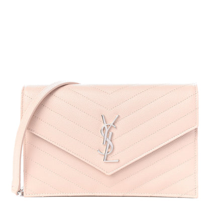 Saint Laurent Grain De Poudre Matelasse Chevron Monogram Envelope Chain Wallet Pale Pink 1 of 9