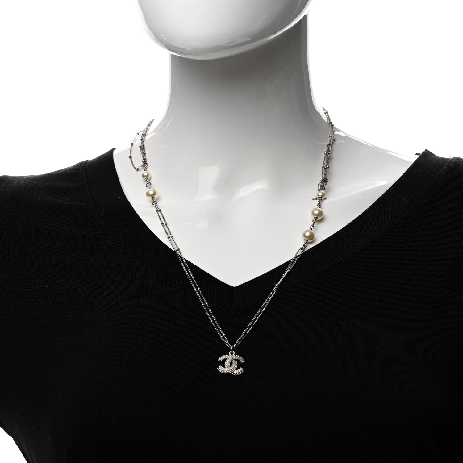 Chanel Crystal Pearl CC Pendant Necklace Silver 2 of 5