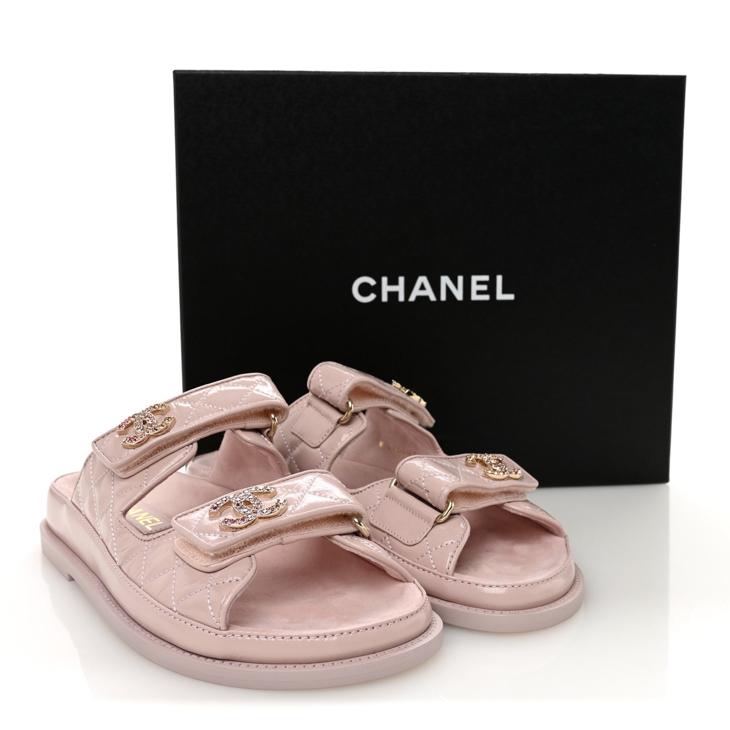 Shiny Calfskin Quilted Velcro Dad Crystal CC Slide Sandals 37 Light Pink
