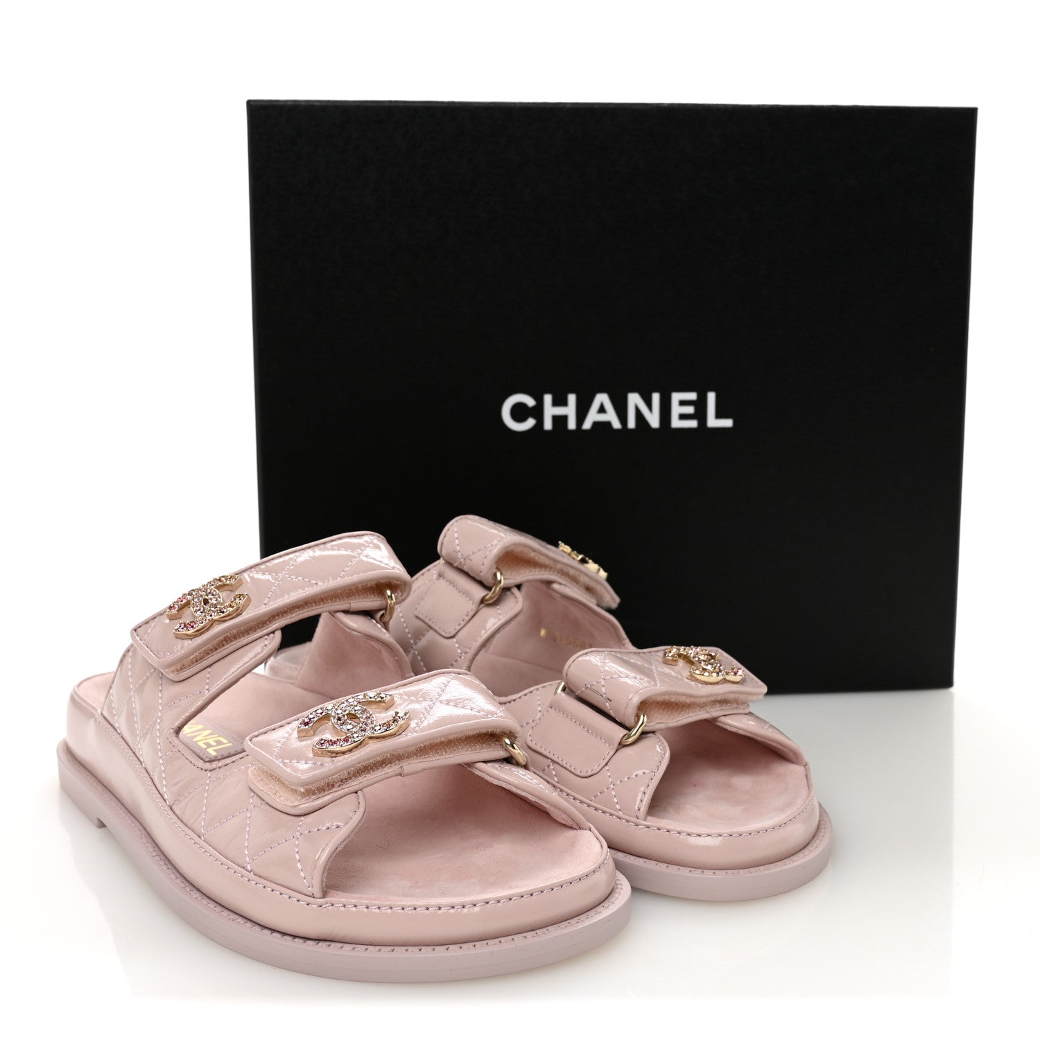 Chanel Shiny Calfskin Quilted Velcro Dad Crystal CC Slide Sandals 37 Light Pink 11 of 11