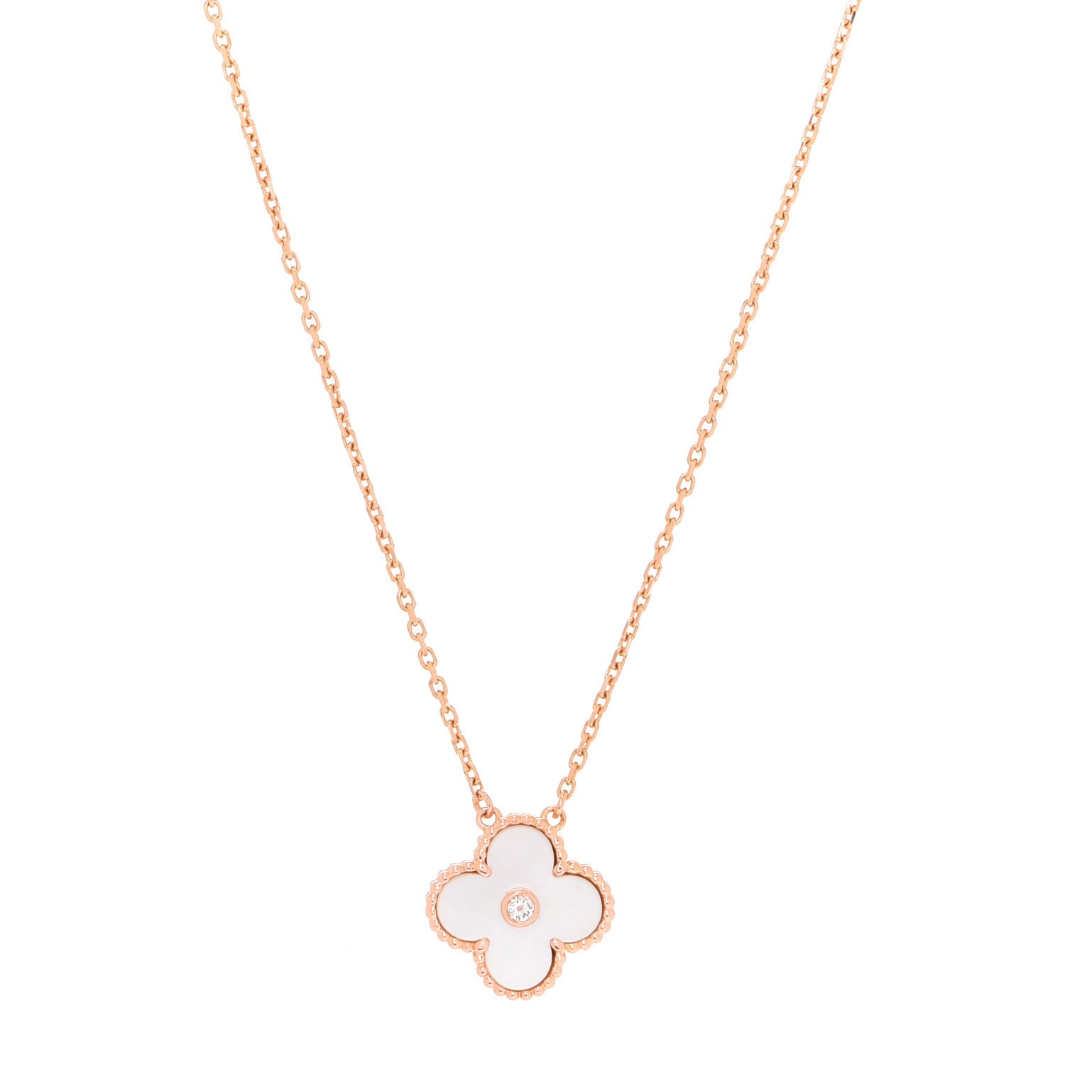 Van Cleef & Arpels 18K Rose Gold Diamond Mother of Pearl Vintage Alhambra Pendant Necklace 1 of 6