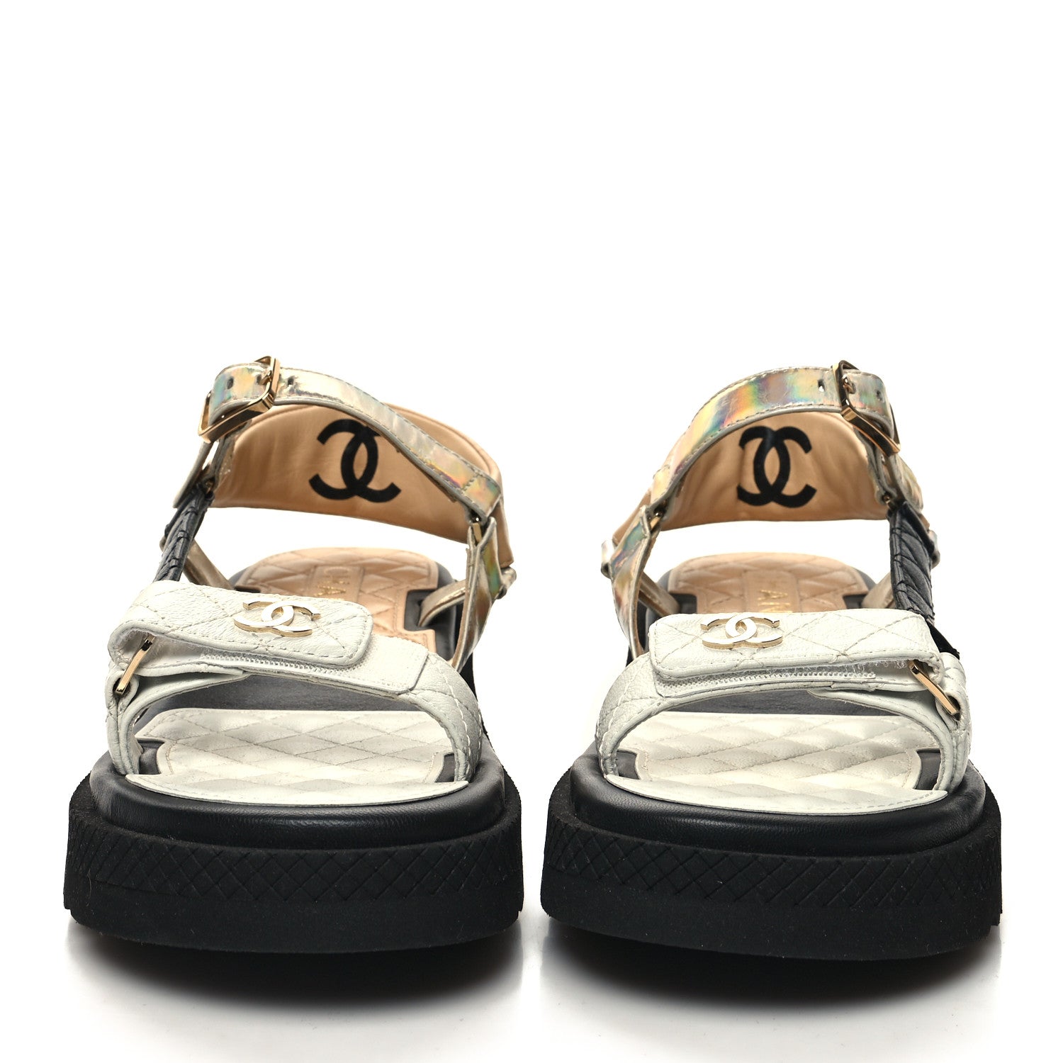 Chanel Lambskin Logo Platform Sandals 38 Beige Gold White 2 of 8