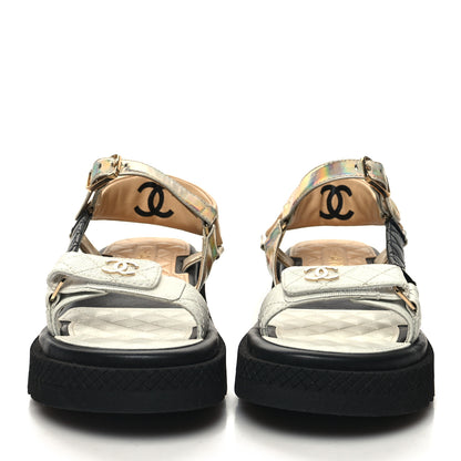Chanel Lambskin Logo Platform Sandals 38 Beige Gold White 2 of 8