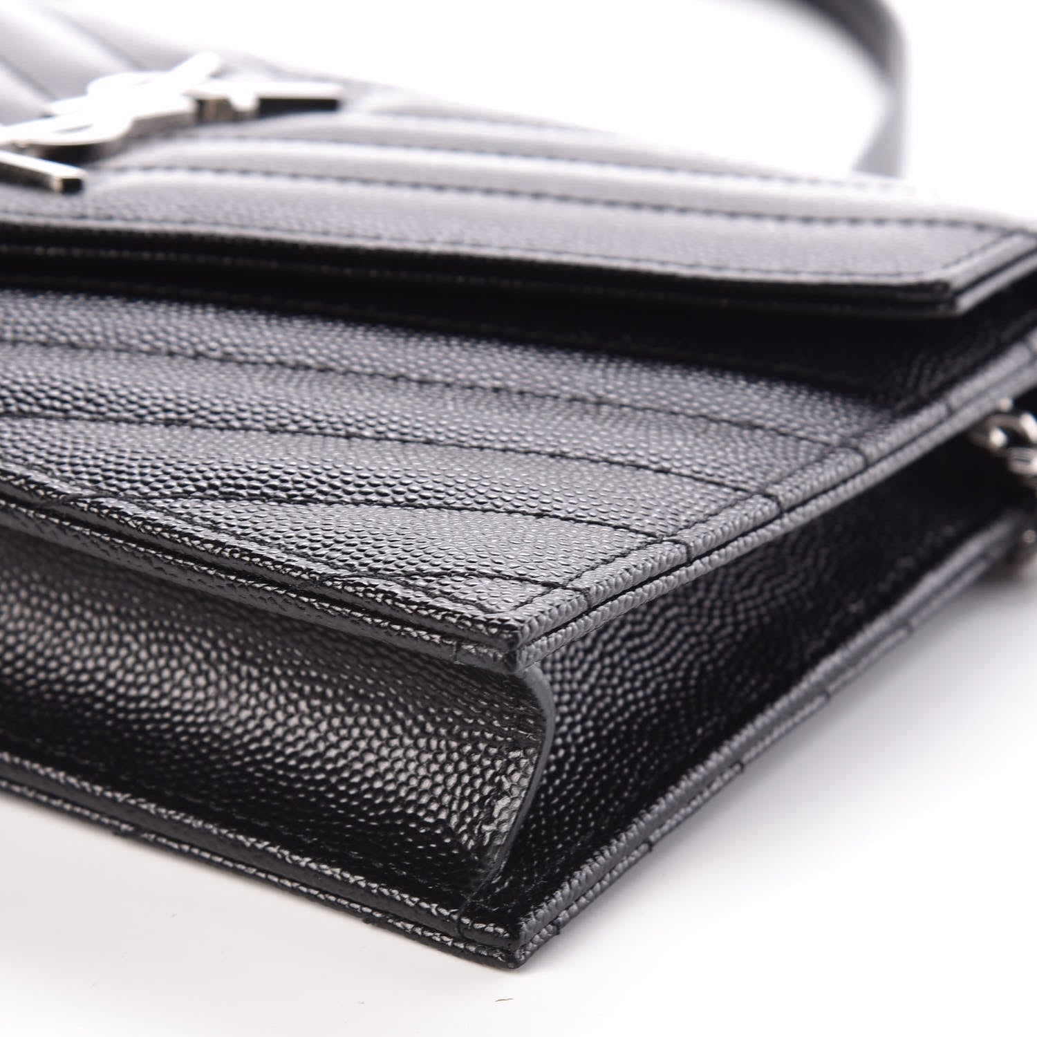 Saint Laurent Grain De Poudre Matelasse Chevron Monogram Envelope Chain Wallet Black 8 of 9
