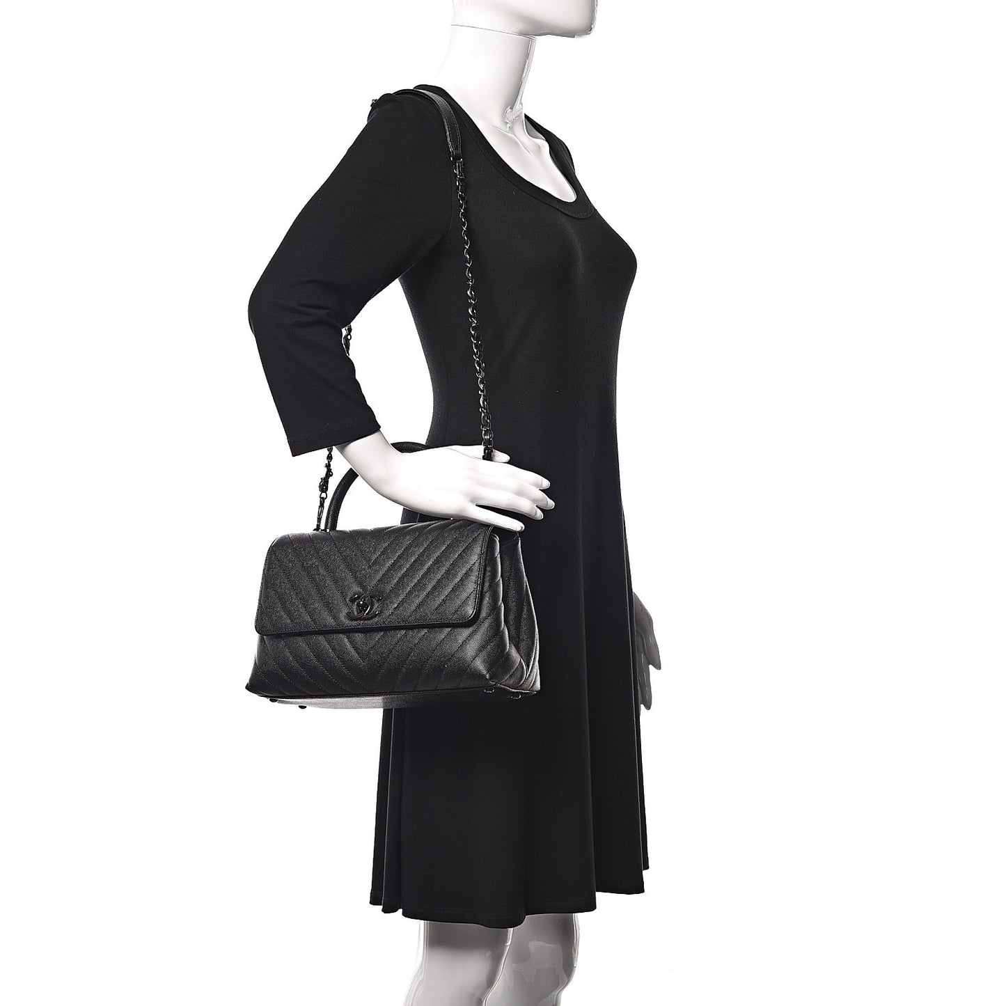 Caviar Chevron Quilted Small Coco Handle Flap So Black