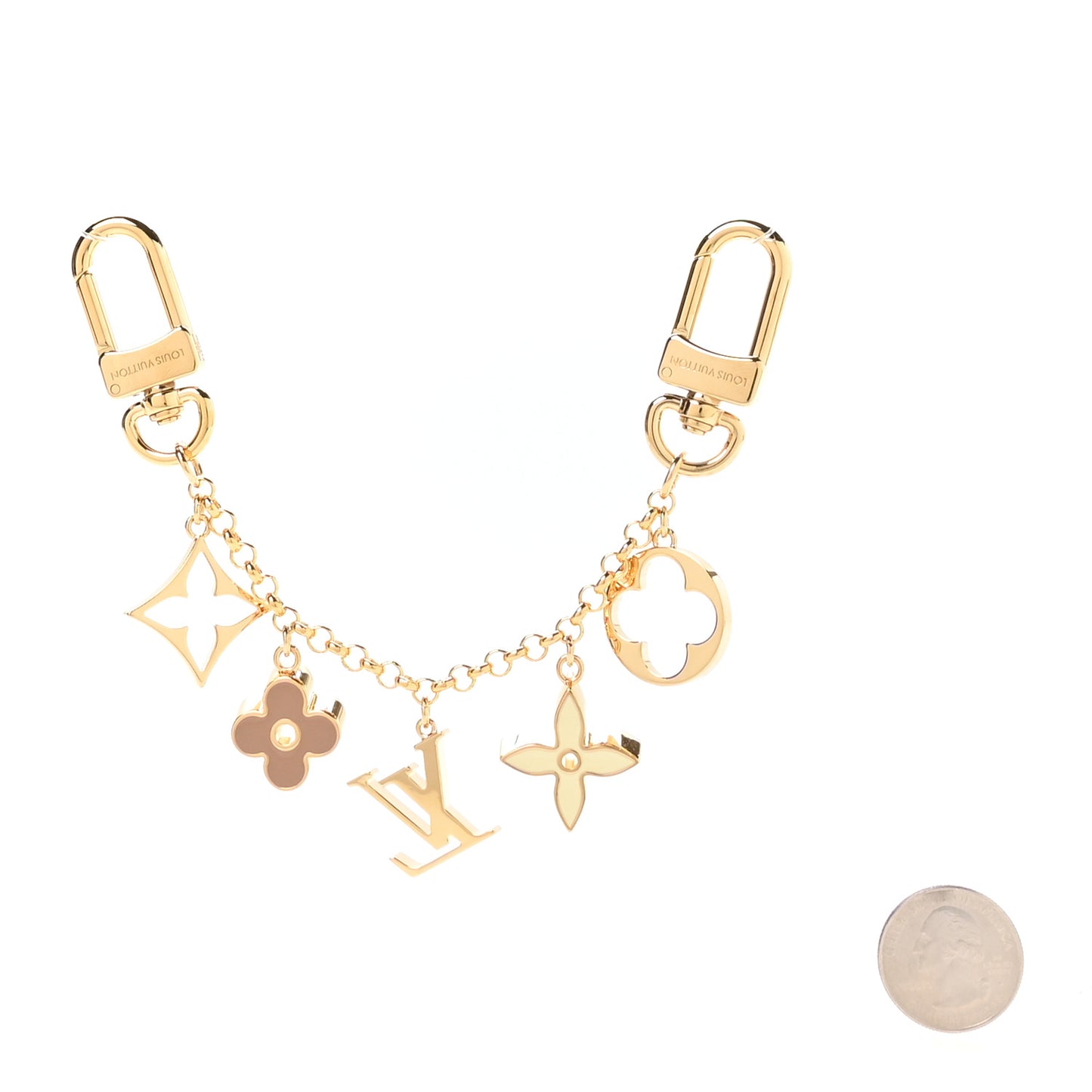 Brass Enamel Fleur De Monogram Bag Charm Chain Gold