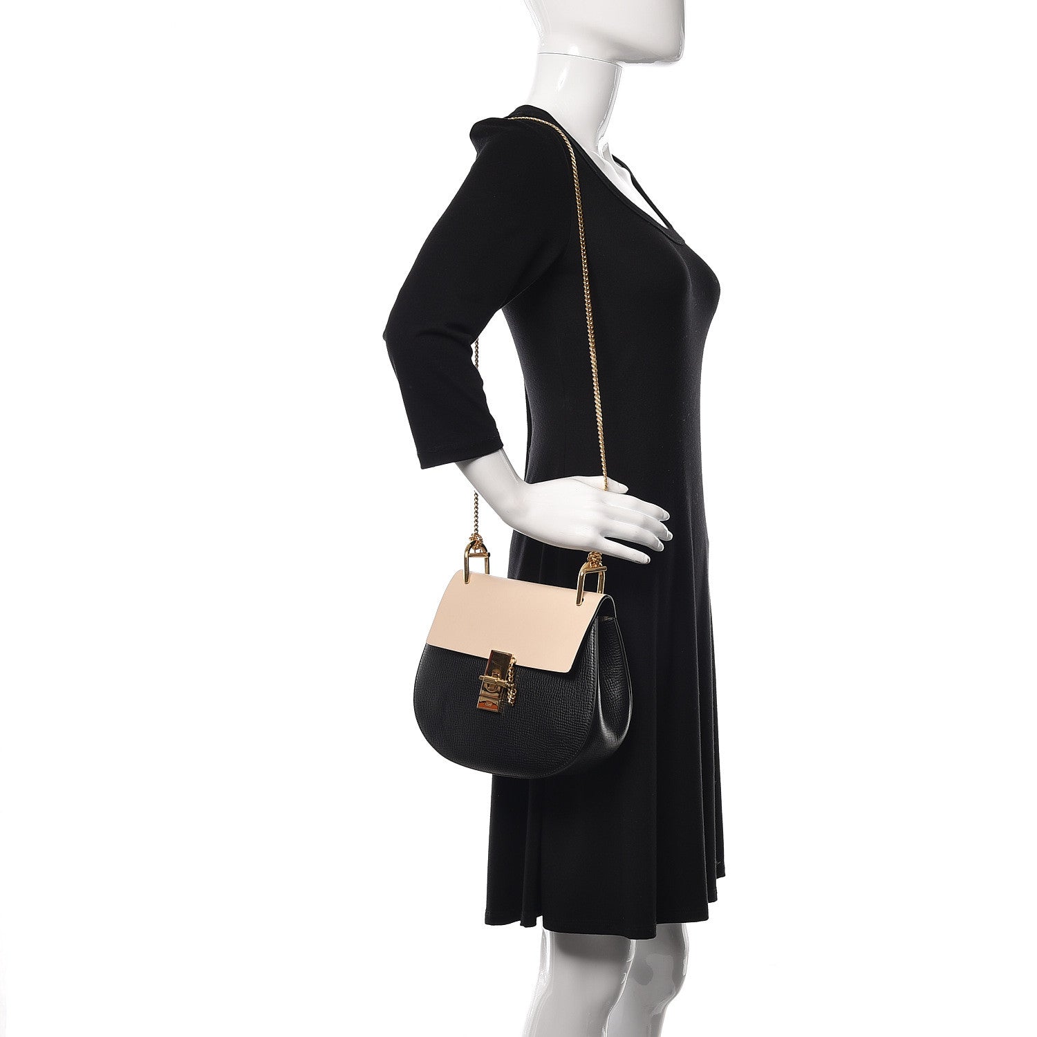 Chloe Grained Calfskin Lambskin Bi-Color Drew Shoulder Bag Black Powder Beige 2 of 11