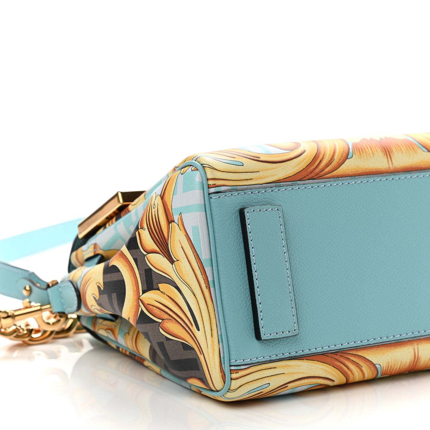 X FENDI Grained Calfskin Fendace La Medusa Medium Top Handle Bag Baby Blue Multicolor