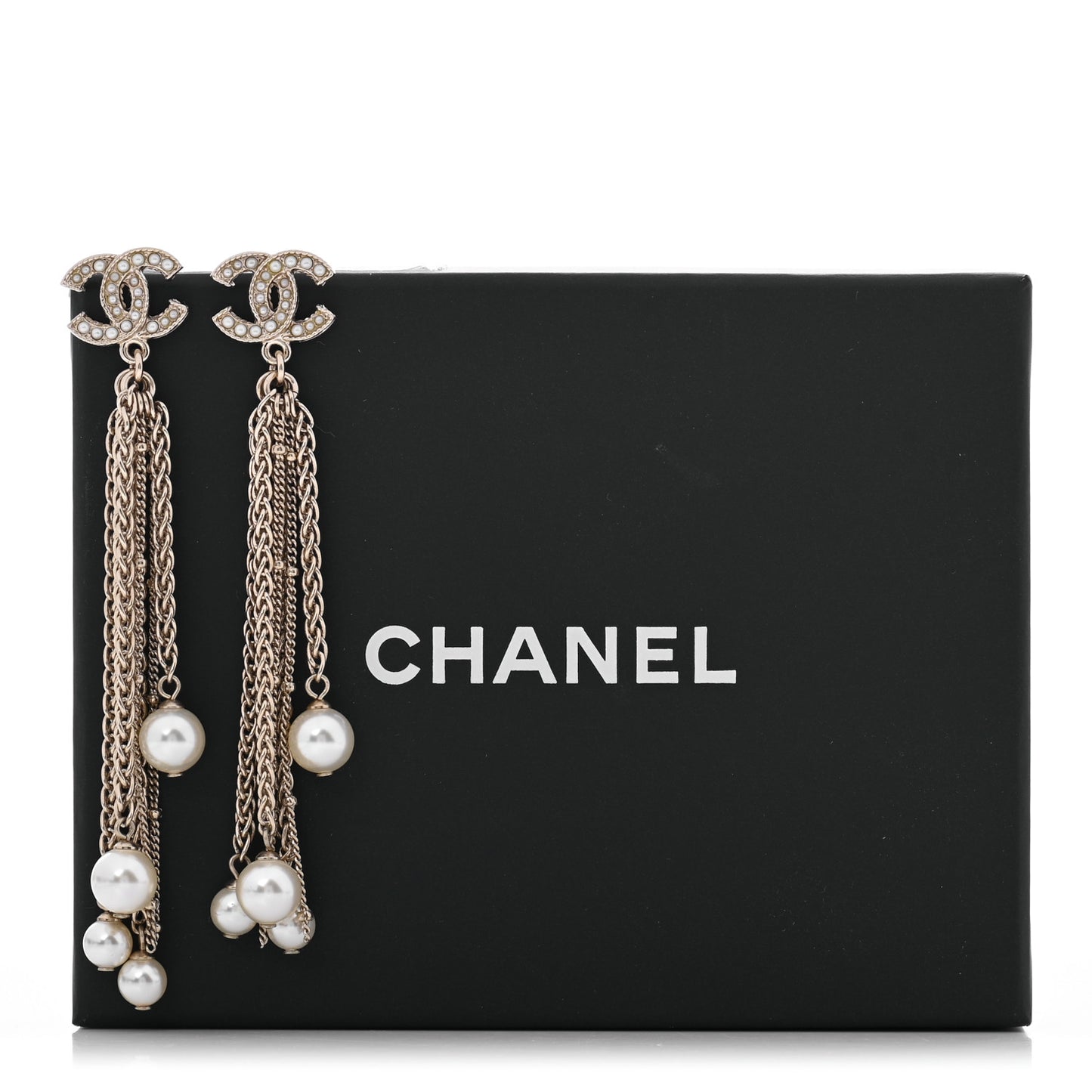 Pearl Chain CC Dangle Earrings Gold