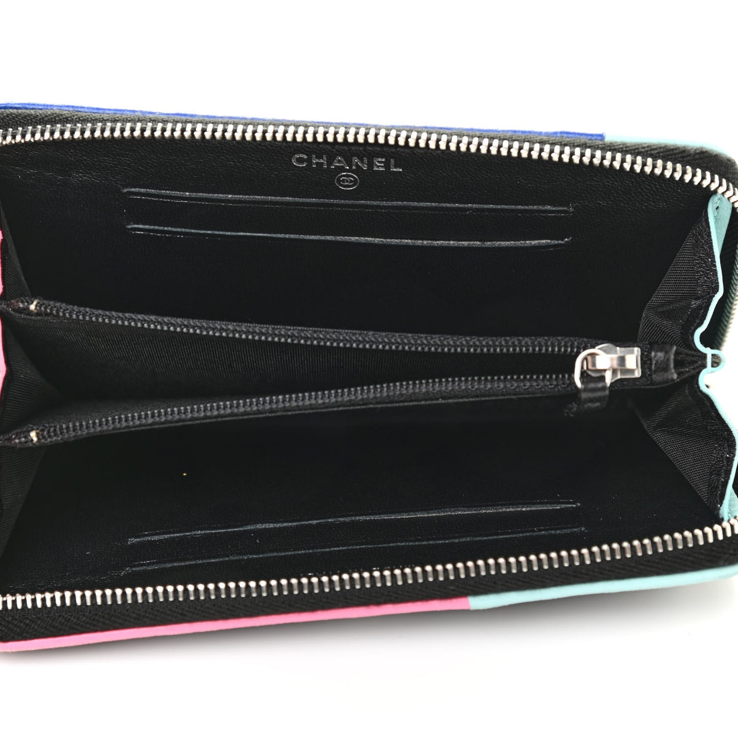 Lambskin Quilted Small Gusset Zip Around Wallet Black Pink Light Blue