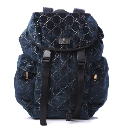 Gucci Velvet GG Monogram Web Medium Double Buckle Backpack Blue Beige Black 1 of 9