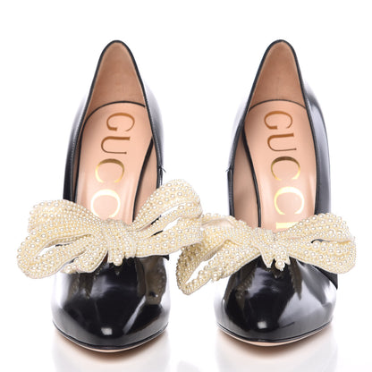 Gucci Polished Calfskin Removable Pearly Bow Elaisa Platform High Heel Pumps 37 Black 2 of 11
