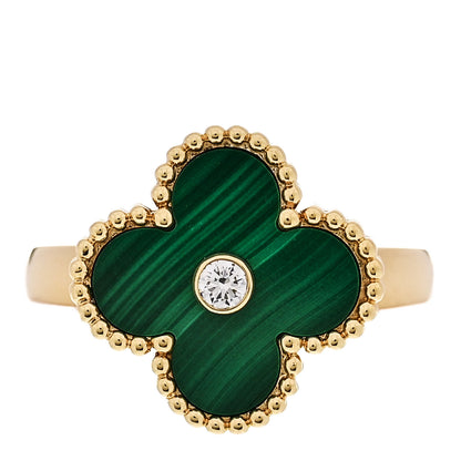 Van Cleef & Arpels 18K Yellow Gold Diamond Malachite Vintage Alhambra Ring 52 6 1 of 6