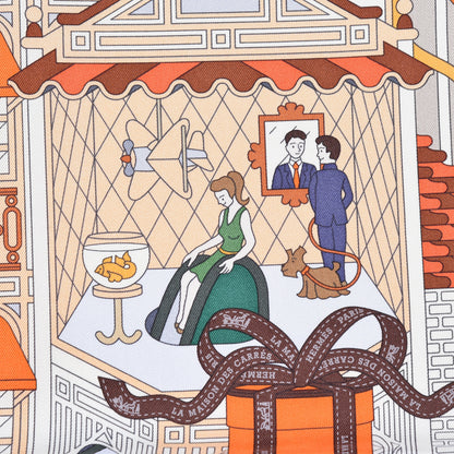 Hermes Silk La Maizeon Des Carres 90 Scarf Beige Orange Vert 4 of 7