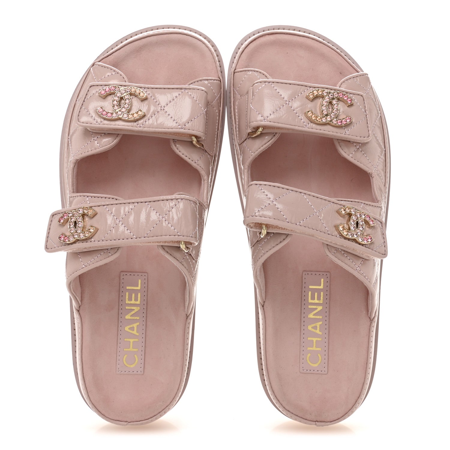 Chanel Shiny Calfskin Quilted Velcro Dad Crystal CC Slide Sandals 37 Light Pink 2 of 11