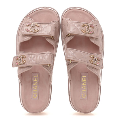 Chanel Shiny Calfskin Quilted Velcro Dad Crystal CC Slide Sandals 37 Light Pink 2 of 11