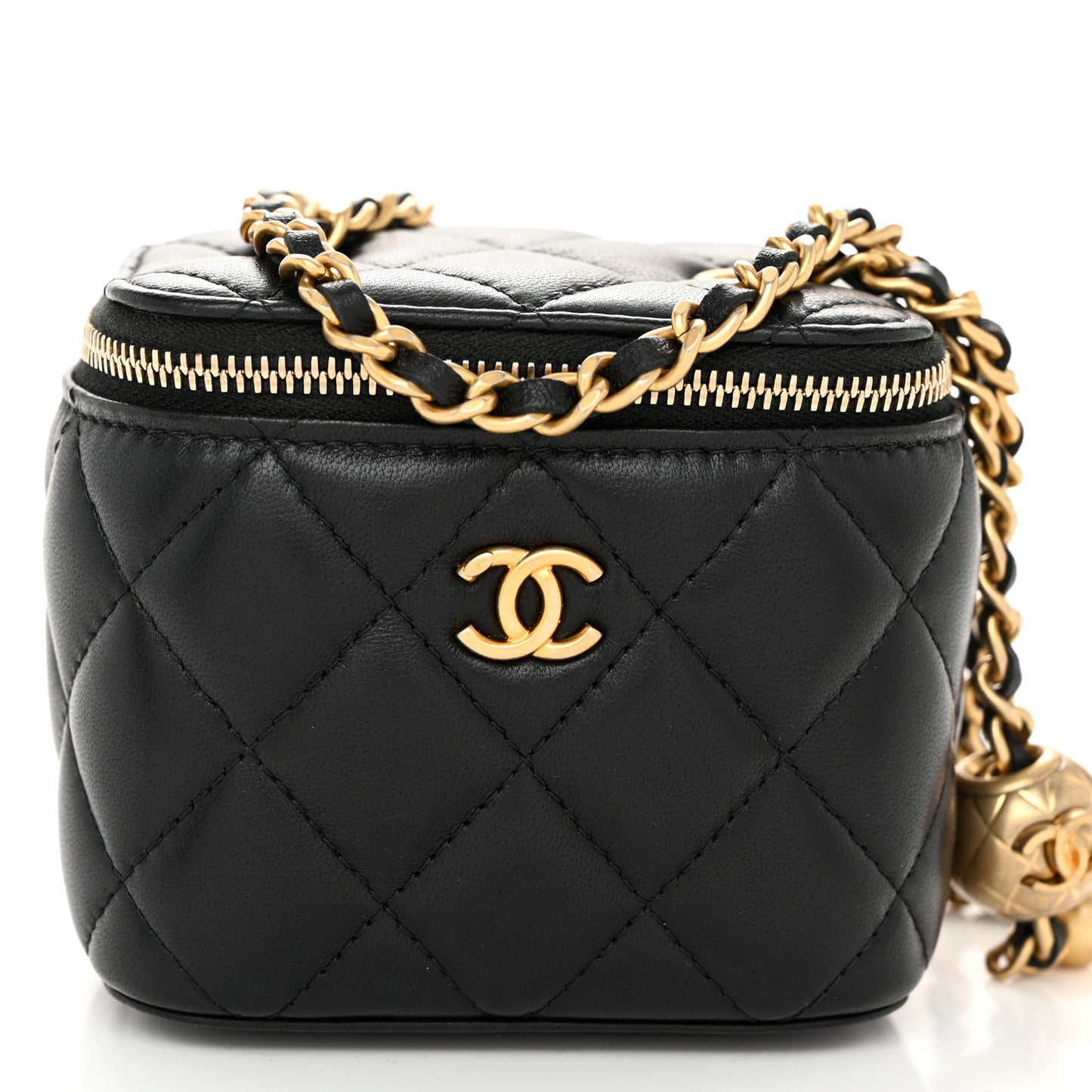 Lambskin Quilted Mini Pearl Crush Vanity Case With Chain Black
