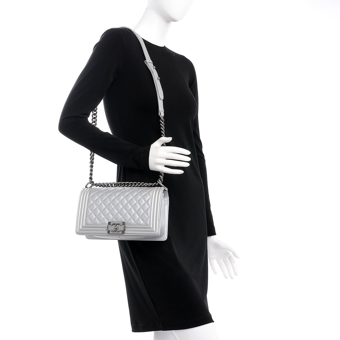 Metallic Calfskin Quilted Medium Boy Flap Silver