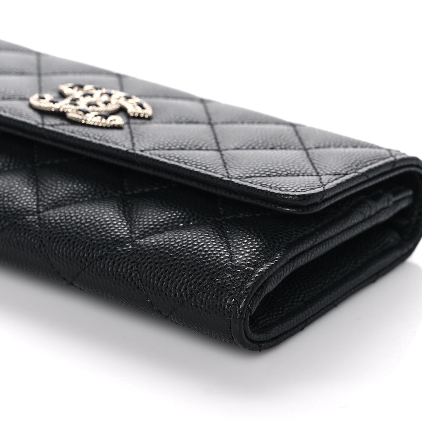 Caviar Quilted Crystal CC Large Gusset Flap Wallet Black