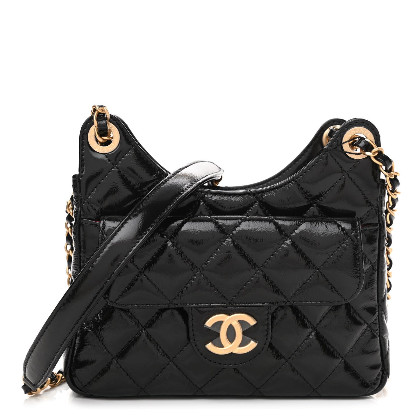 Shiny Crumpled Calfskin Quilted Small Wavy CC Hobo Black