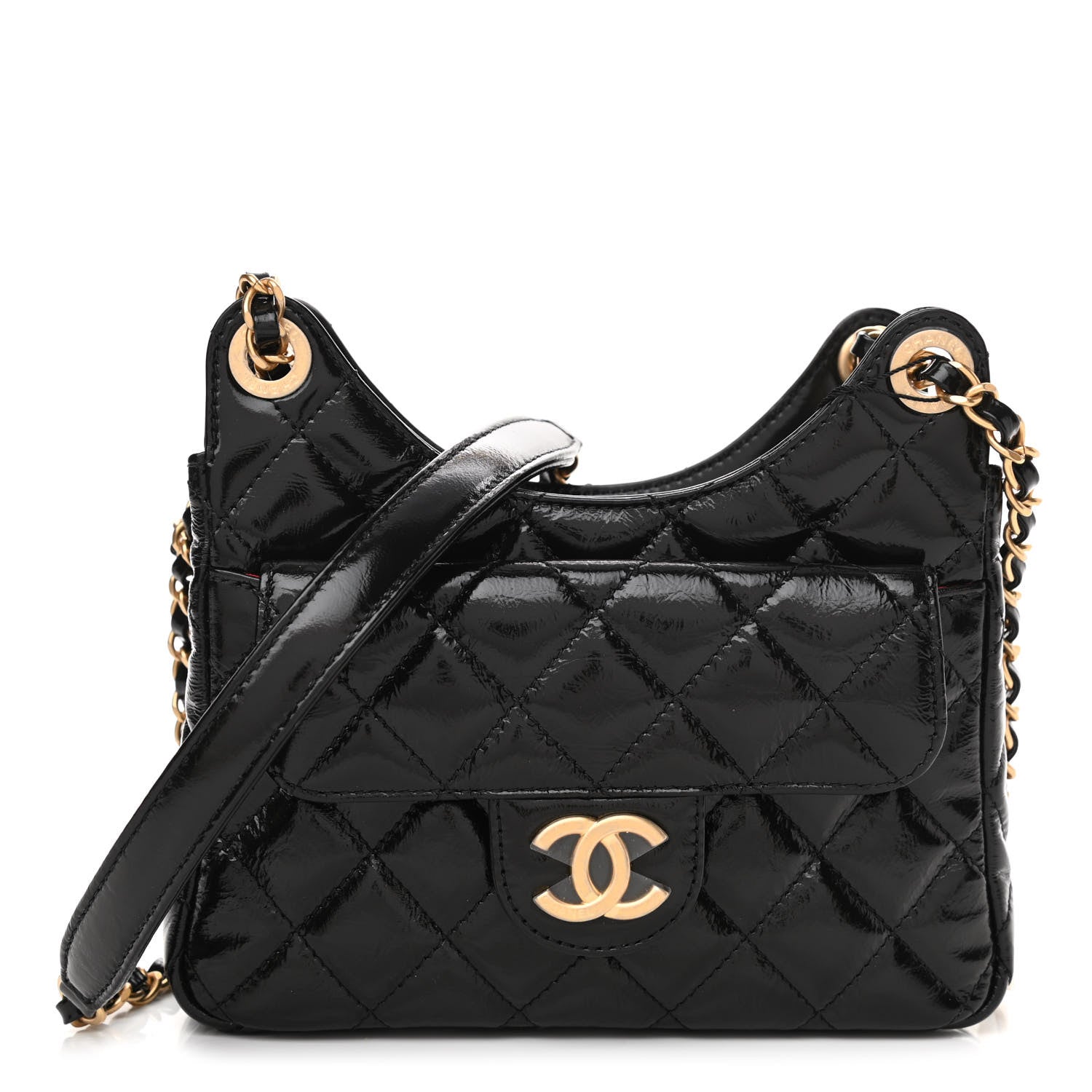 Chanel Shiny Crumpled Calfskin Quilted Small Wavy CC Hobo Black 1 of 11