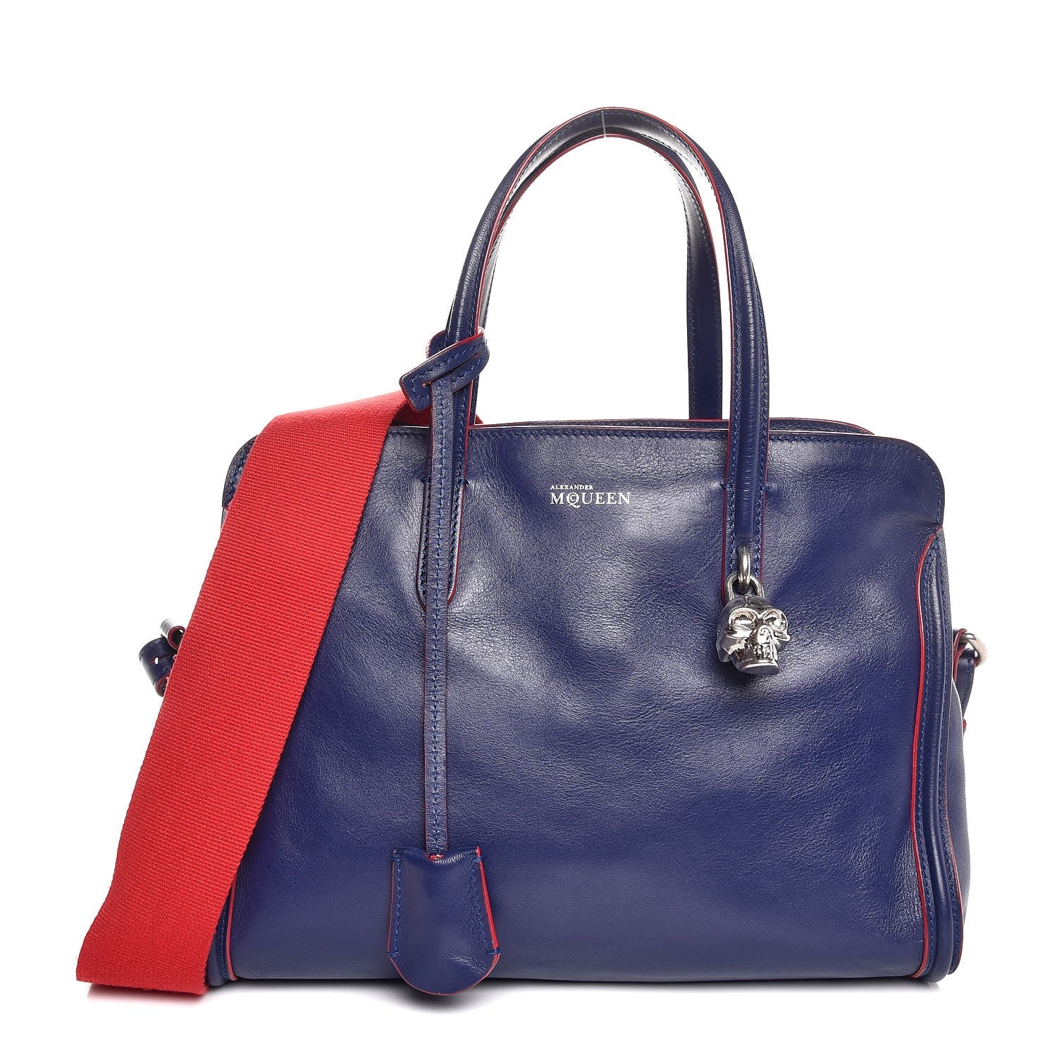 Alexander McQueen Calfskin Small Skull Padlock Zip Around Tote Blue Red 1 of 8