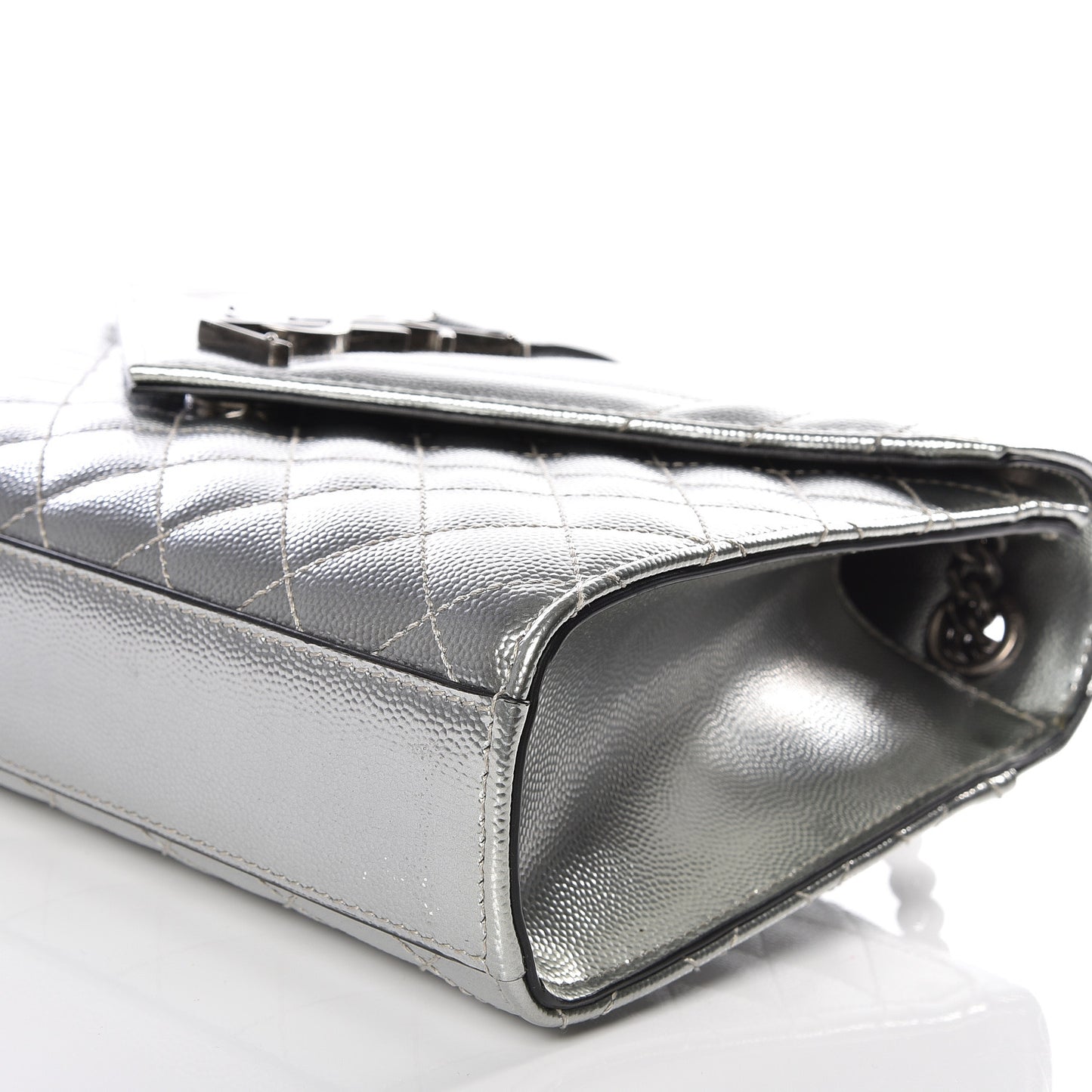 Metallic Grain De Poudre Textured Mixed Matelasse Triquilt Medium Monogram Satchel Silver