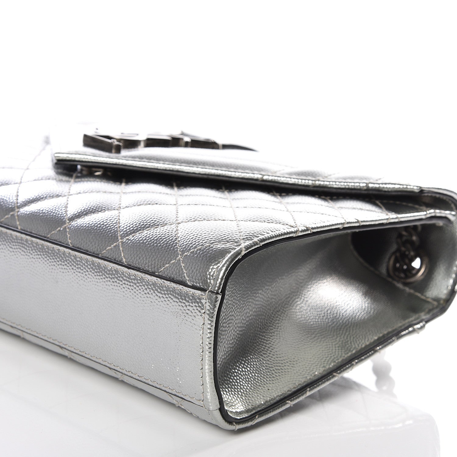 Saint Laurent Metallic Grain De Poudre Textured Mixed Matelasse Triquilt Medium Monogram Satchel Silver 6 of 9