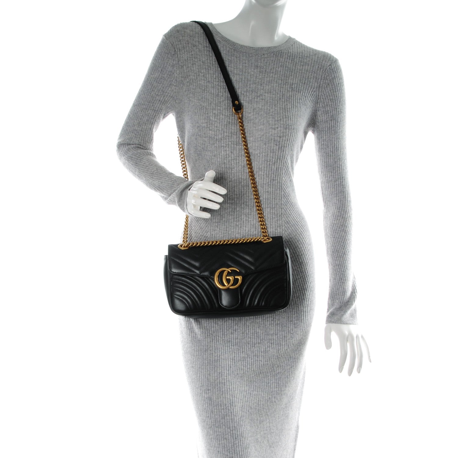 Gucci Calfskin Matelasse Small GG Marmont Shoulder Bag Black 2 of 7