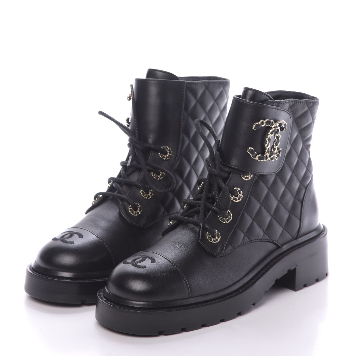 Shiny Lambskin Quilted Lace Up Combat Boots 37.5 Black