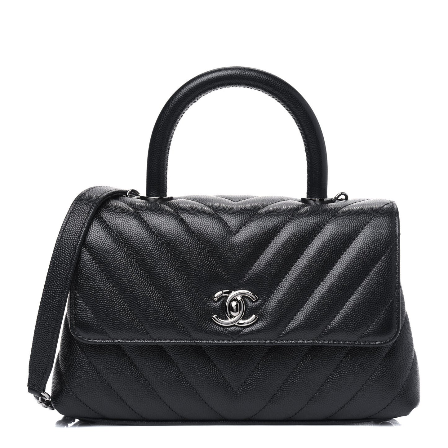 Caviar Chevron Quilted Mini Coco Handle Flap Black