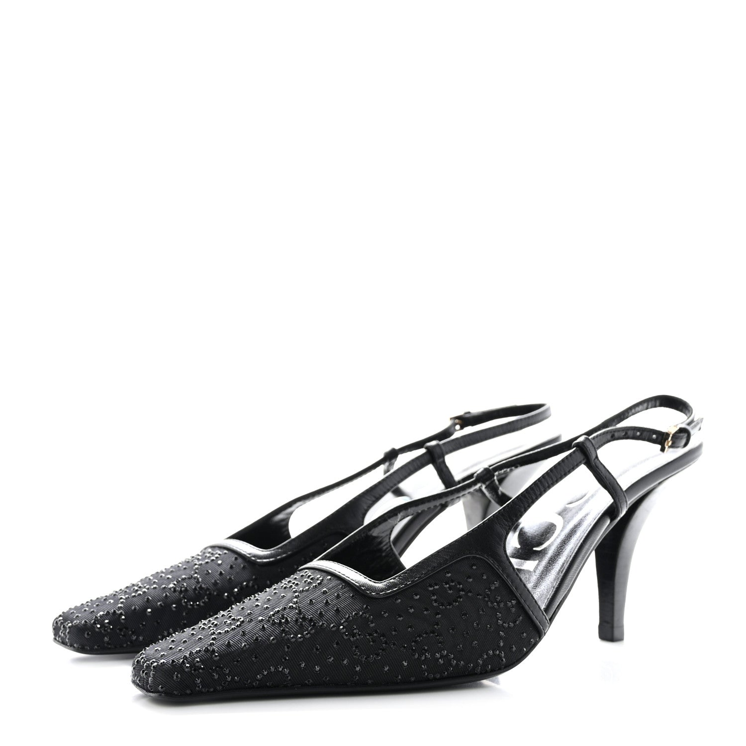 Gucci Moire Fabric Malaga Kid Crystal GG Monogram Square G 75mm Slingback Pumps 36 Black 3 of 10