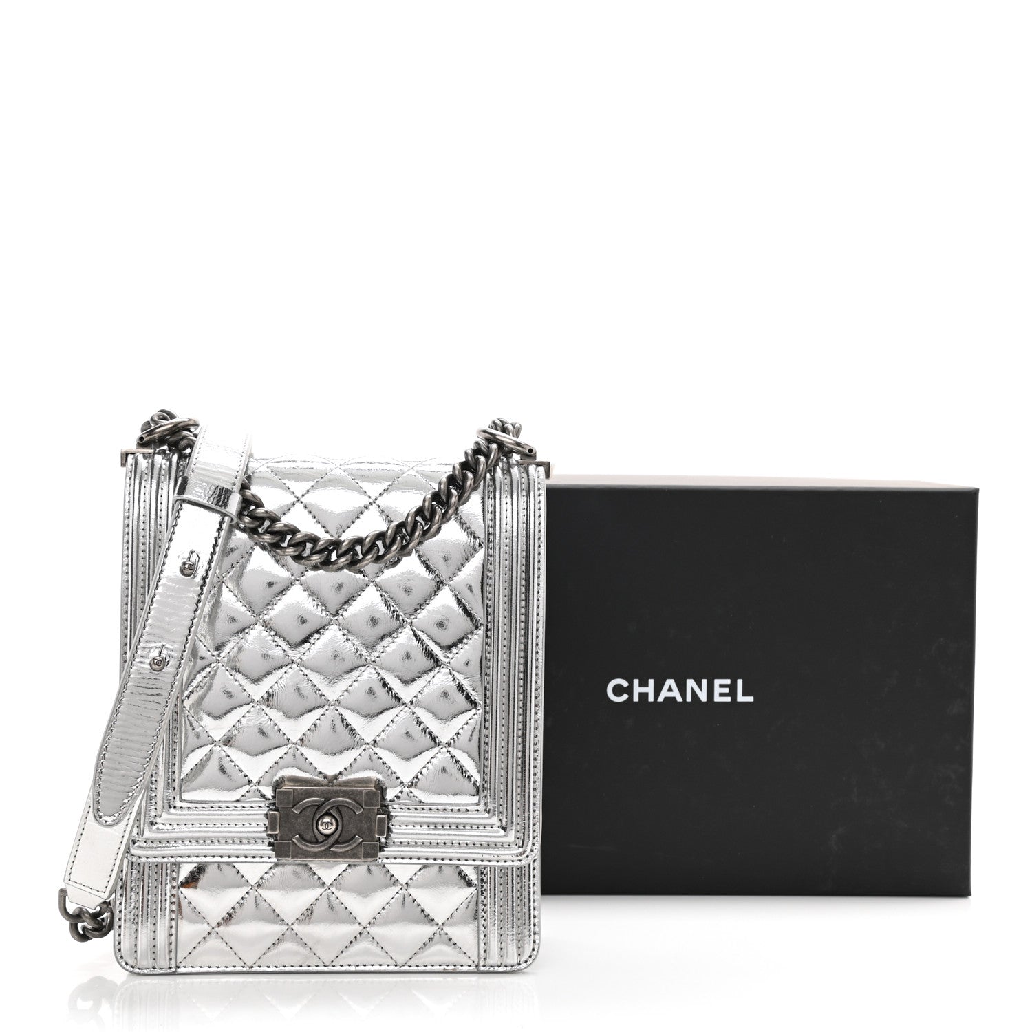 Chanel Metallic Goatskin Quilted North South Boy Flap Silver 17 of 17