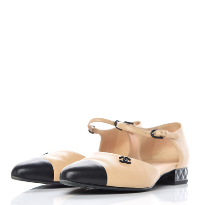 Chanel Lambskin Cap Toe CC Flats 38 Beige Black 3 of 16